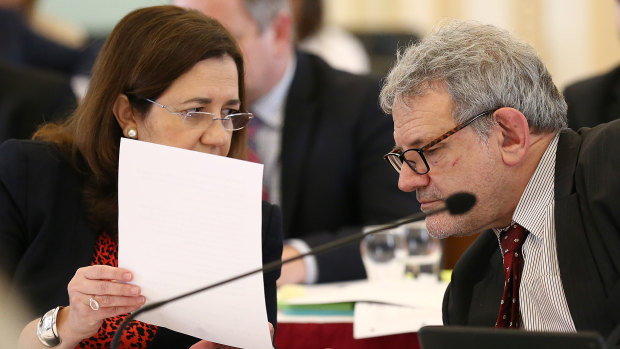 Premier Annastacia Palaszczuk with her chief of staff, David Barbagallo, during estimates hearings in July.