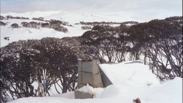 Tin Hut, one of several back-country huts in Kosciuszko National Park that are sometimes half-buried in snow.