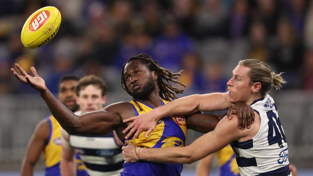 Top tap: Nic Naitanui gets the better of Geelong's Mark Blicavs in a ruck contest during West Coast's round 9 win at Optus Stadium.