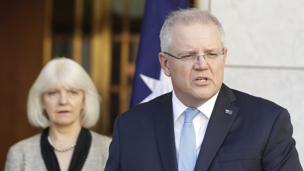 National Mental Health Commission chief Christine Morgan and Prime Minister Scott Morrison announce the mental health recovery plan. 