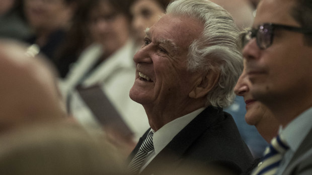Former prime minister Bob Hawke waits for  Kim Beazley to be sworn in as the new Governor of Western Australia on May 1.