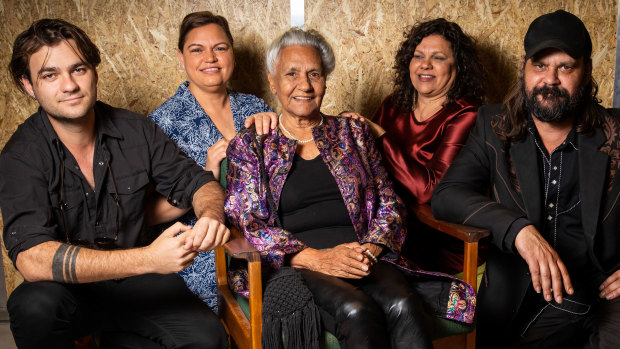 Screen pioneer Freda Glynn flanked by (from left) grandson Dylan River, granddaughter Tanith Glynn-Maloney, daughter Erica Glynn and son Warwick Thornton at the Adelaide Film Festival where she was honoured three times with a new book, a new documentary and the Don Dunstan Award.