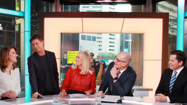 Sunrise newsreader Natalie Barr, executive producer Michael Pell, and hosts Samantha Armytage and David Koch, with Phelan on the far right.