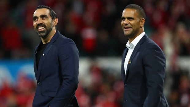 Swans legends Adam Goodes and Michael O’Loughlin in 2016.