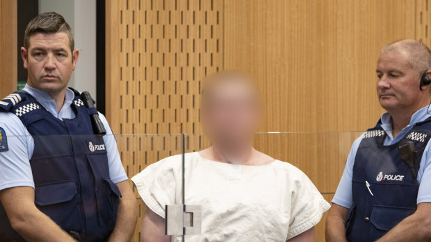 The alleged Christchurch shooter in court on Saturday morning.