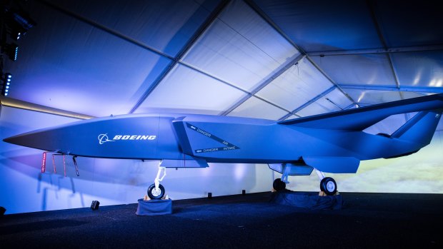 A model of the unmanned Boeing Airpower Teaming System which was unveiled at the Australian International Airshow, Avalon, Victoria on Wednesday.
