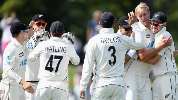 Kyle Jamieson of New Zealand, second from right, is congratulated after dismissing Faheem Ashraf of Pakistan at Hagley Oval in Christchurch.