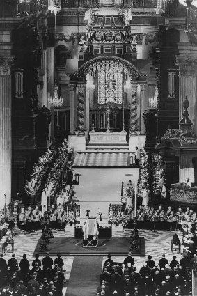 World leaders with Her Majesty Queen Elizabeth II and members of the Royal family pay homage at St Paul's Cathedral to Sir Winston Churchill.