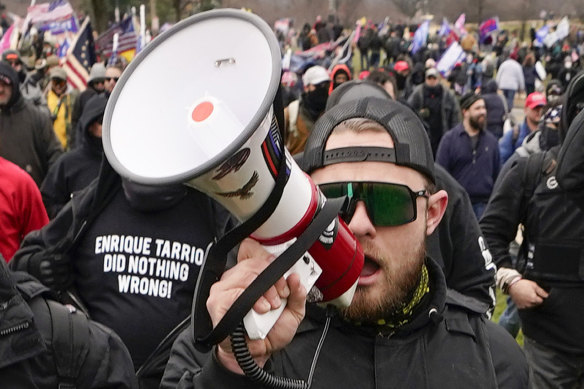 Proud Boy member Ethan Nordean walks toward the US Capitol in support of Donald Trump on January 6, 2021.