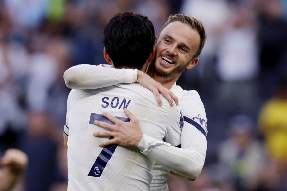 Tottenham Hotspur’s James Maddison and Son Heung-min celebrate after the match.