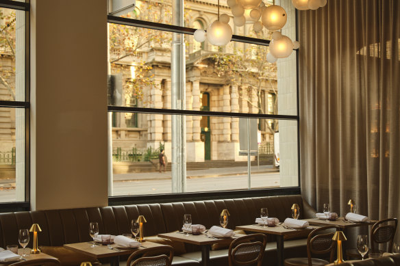 Stylish leather banquettes in the Bistrot Bisou dining room.