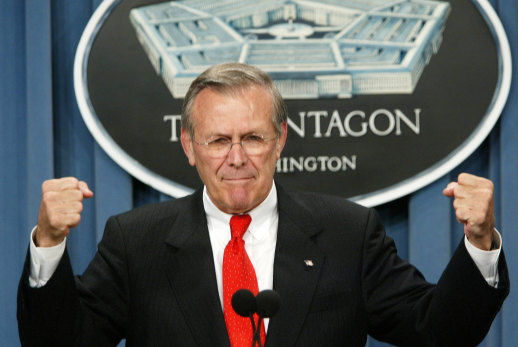 Donald Rumsfeld, the controversial face of US war policy at the Pentagon in Arlington, Virginia, 2002.