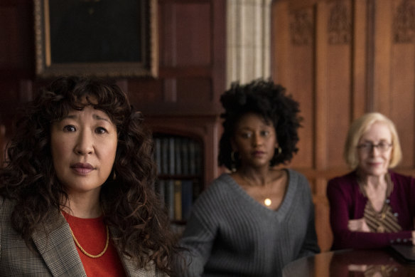 Sandro Oh, Nana Mensah and Holland Taylor in <i>The Chair</i>.