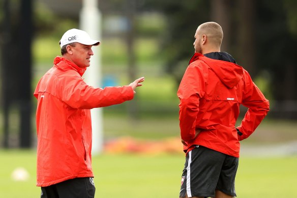 Swans coach John Longmire talks to Lance Franklin at training on Monday ahead of challenging Franklin’s one match suspension.