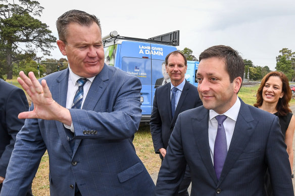 Liberal candidate for Frankston Michael Lamb  with then opposition leader Matthew Guy during the 2018 election campaign.