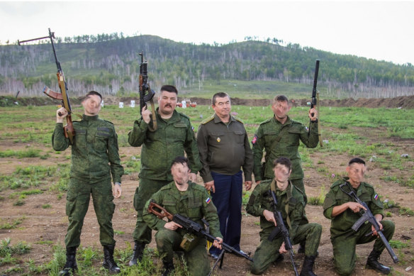 Boikov and Russian general Sergey Bobrov pose with a group described by Boikov as “Cossacks from Australia at a Spetsnaz training facility in Russia”. 