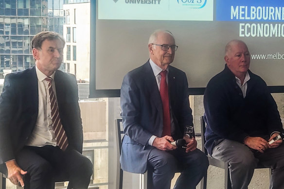 Stephen Anthony of Macroeconomics Advisory, economist Ross Garnaut and Peter Tulip of the Centre for Independent Studies at the University of Melbourne panel event.