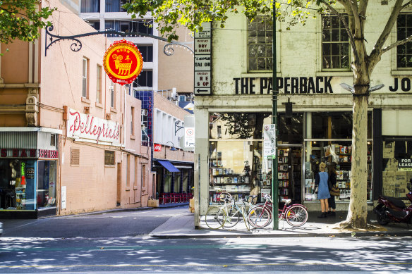 The corner of Bourke Street and Crossley Street, entering what was once Romeo Lane.