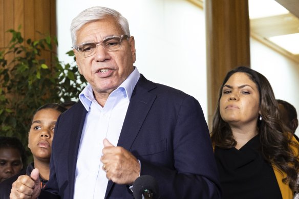 Warren Mundine with Senator Jacinta Nampijinpa Price and other opponents of the government’s Voice proposal at Parliament House.