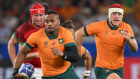 Samu Kerevi makes a break during the Wallabies win against Portugal in Saint-Etienne on October 1.