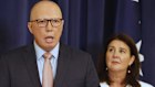 Opposition Leader Peter Dutton with  treasury spokesman Angus Taylor (left) and finance spokeswoman Jane Hume at Parliament House.