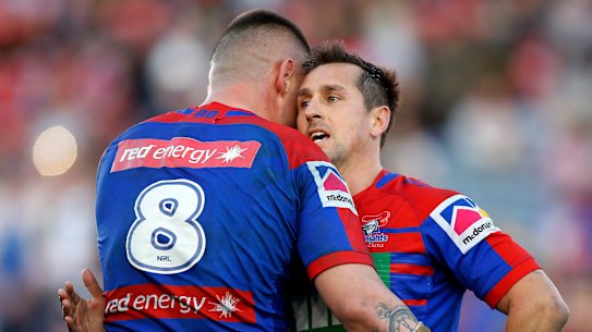 David Klemmer (left) and Mitchell Pearce after Newcastle's important win.