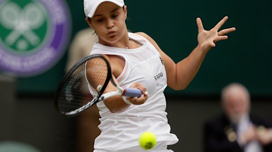Australia's Ashleigh Barty returns to Britain's Harriet Dart in a Women's singles match during day six of the Wimbledon Tennis Championships in London, Satur