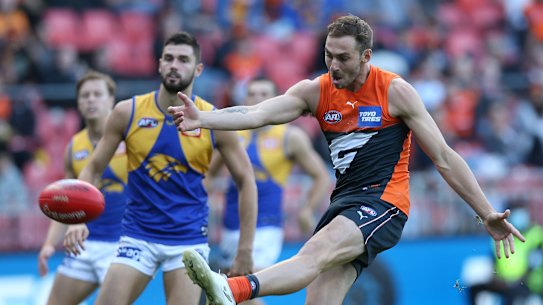 Jeremy Finlayson of the Giants kicks one of his hat-trick of goals at GIANTS Stadium.