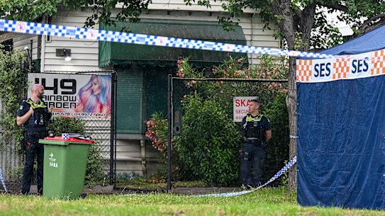 The scene outside the property on Cowper Street. Footscray on Saturday morning.