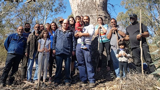 Tatti Tatti Traditional Owners gathered round a canoe tree during a cultural flow planning project at Margooya Lagoon in north west Victoria.