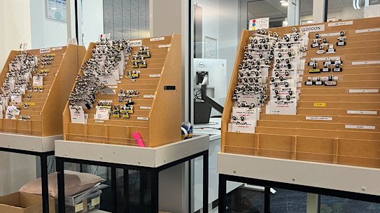 Triple Zero Victoria staff in Ballarat had to make do with a manual “back-up” system like this one during Wednesday’s computer outage. Handwritten job cards were assigned to local ambulance crews for dispatch.