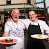 The Cricketers Arms Hotel former chef Martial (Max) Cosyn and current chef Wesley Cooper Jones, with fish and prawn terrine on gazpacho coulis and lemon tart, with double cream and almond.