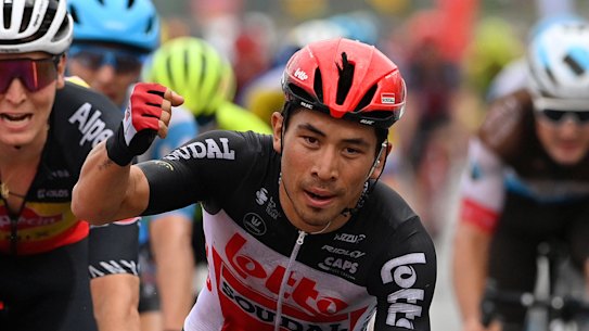 TEMPLEUVE, BELGIUM - AUGUST 16: Arrival / Caleb Ewan of Australia and Team Lotto Soudal / Celebration / Tim Merlier of Belgium and Team Alpecin-Fenix / Arvid De Kleijn of The Netherlands and Riwal Readynez Cycling Team / during the 41st Tour de Wallonie 2020, Stage 1 a 187km stage from Soignies to Templeuve / @TourdeWallonie / #TRW2020 / on August 16, 2020 in Templeuve, Belgium. (Photo by Luc Claessen/Getty Images) Australian cyclist Caleb Ewan (Lotto Soudal) wins stage on of the Tour de Wallonie in Belgium ahead of Sam Bennett and Tim Merlier in Belgium. 
