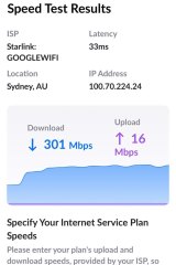 A speed test of the internet from a Starlink device.