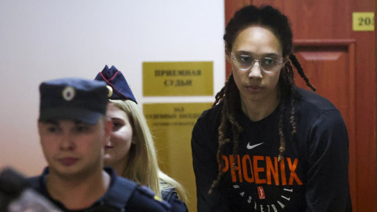 WNBA star and two-time Olympic gold medallist Brittney Griner is escorted to a courtroom for a hearing, in Khimki just outside Moscow.
