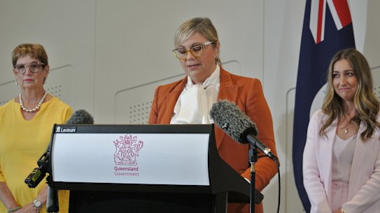 Adult Crime Adult Time expert legal panel chair April Freeman speaking at her appointment, with Minister for Youth Justice Laura Gerber and fellow panel member Lyndy Atkinson.