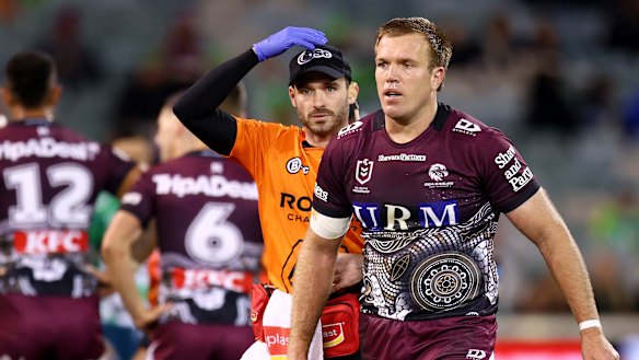 Jake Trbojevic after suffering his third serious concussion of 2025 against Canberra.