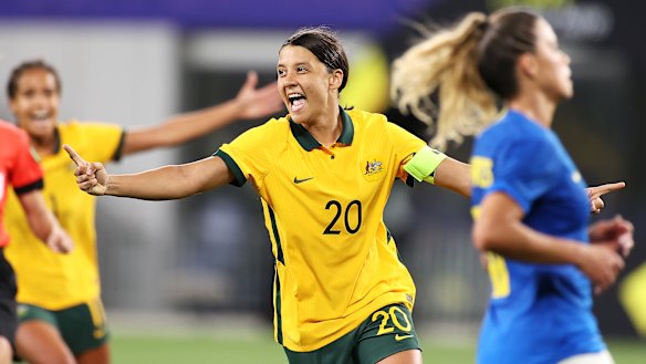 Sam Kerr celebrates after her superb goal.