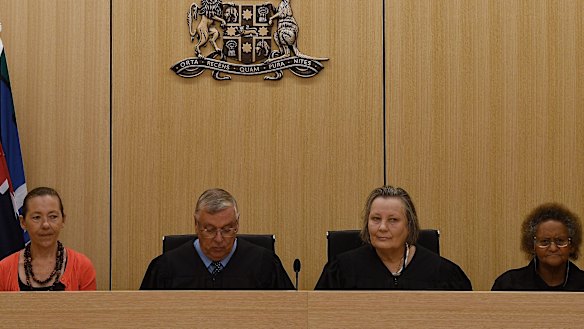 Indigenous elder Joanne Selfe, Children's Court President Peter Johnstone, Magistrate Sue Duncombe and Indigenous elder Pat Field at the ceremonial sitting of the Youth Koori Court in Surry Hills on Wednesday.