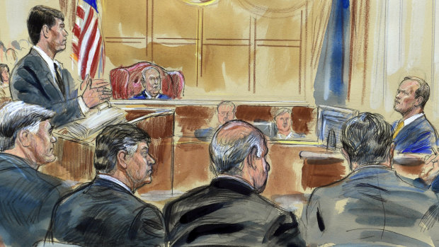 This courtroom sketch depicts Rick Gates, right, answering questions by prosecutor Greg Andres as he testifies in the trial of Paul Manafort at the Alexandria Federal Courthouse in Alexandria. 