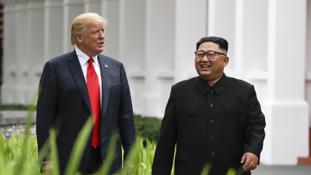Donald Trump, left, and North Korea leader Kim Jong-un on Sentosa Island in Singapore. Trump said they will meet again in Vietnam later this month.