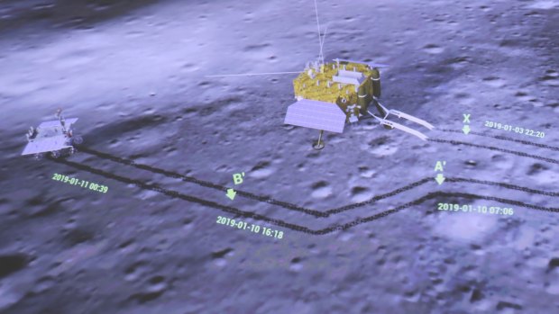 A screen at the Beijing Aerospace Control Centre shows the lander of the Chang'e-4 probe and the rover Yutu-2 (Jade Rabbit-2) taking photos of each other.