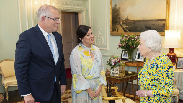 Britain's Queen Elizabeth meets Prime Minister Scott Morrison and his wife Jenny at Buckingham Palace.