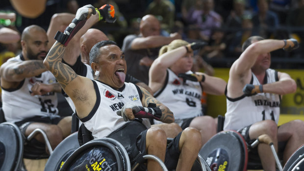 New Zealand players perform the haka before the Wheelchair Rugby event between Australia and New Zealand at the Invictus Games.