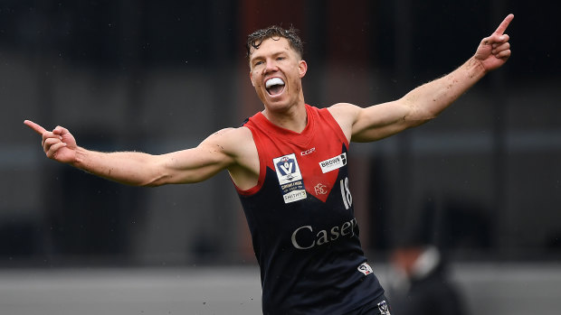 Jake Melksham celebrates a goal in the VFL grand final.