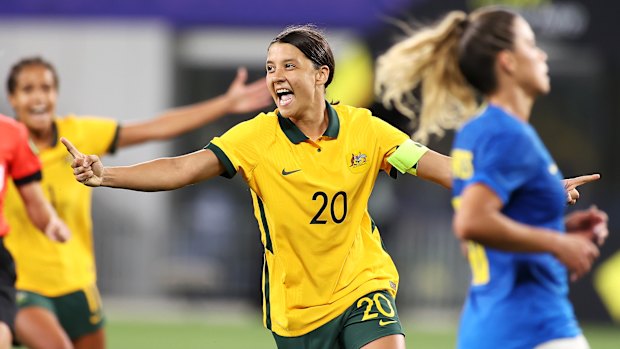 Sam Kerr celebrates after her superb goal.