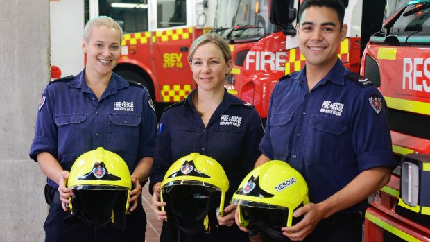 Firefighters Jessica Ford, Primrose Campbell and Matt Smith at the Sydney Central fire station. 