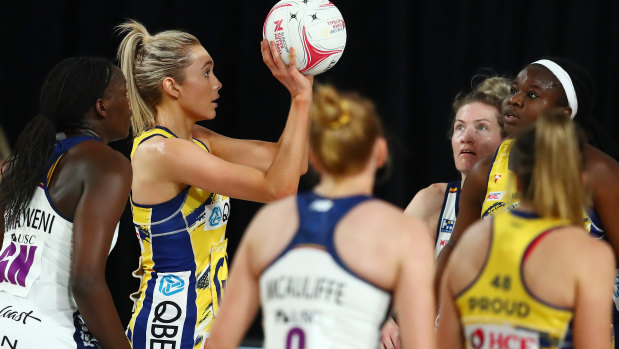 Helen Housby of the Swifts in front of goal against Sunshine Coast Lightning at Nissan Arena.