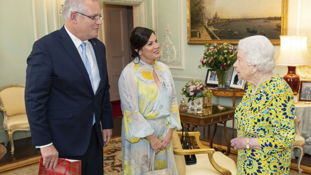 Queen Elizabeth meets Prime Minister Scott Morrison and his wife Jenny at Buckingham Palace.