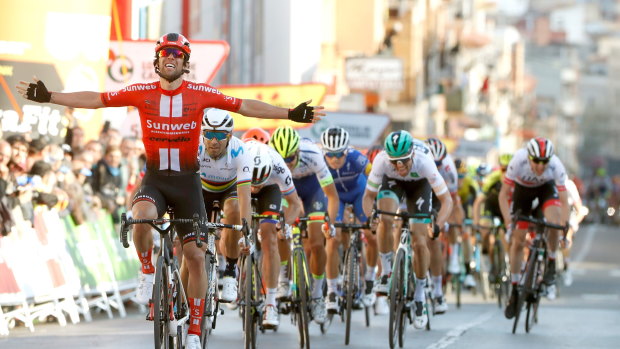Victory: Michael Matthews claims the win in the second stage of the Tour of Catalonia.
